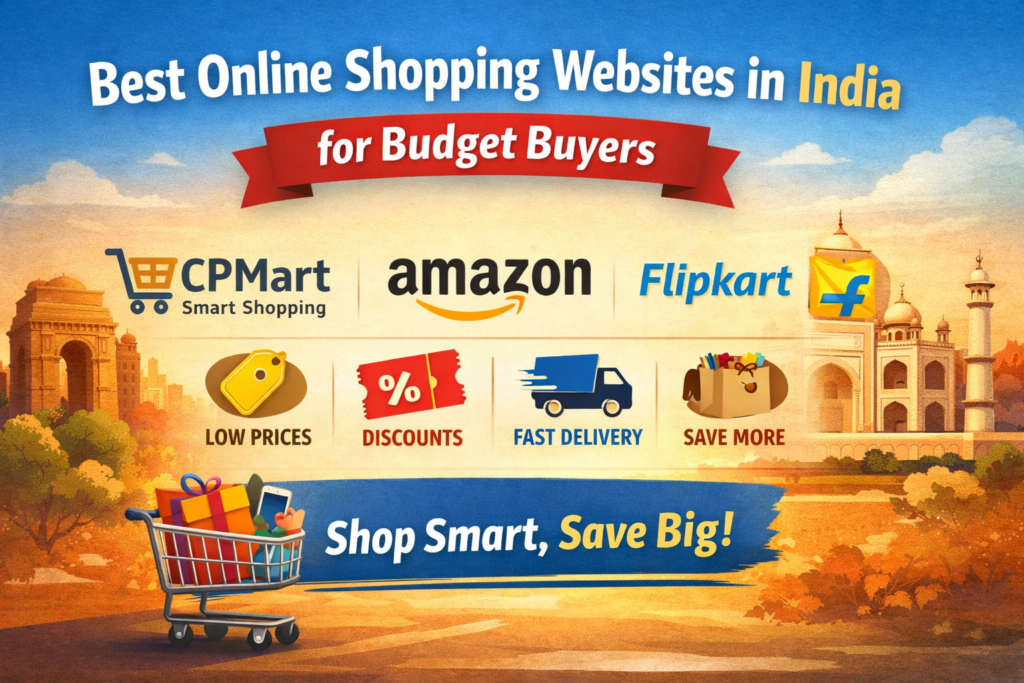 Best online shopping websites in India for budget buyers showing CPMart, Amazon and Flipkart with affordable prices, discounts and online shopping concept