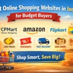 Best online shopping websites in India for budget buyers showing CPMart, Amazon and Flipkart with affordable prices, discounts and online shopping concept